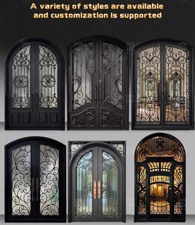 Modern Anti-Theft Double Layer Tempered Glass Front Main Entry Doors French Style Aluminum Alloy &amp; Wood Black for Villas