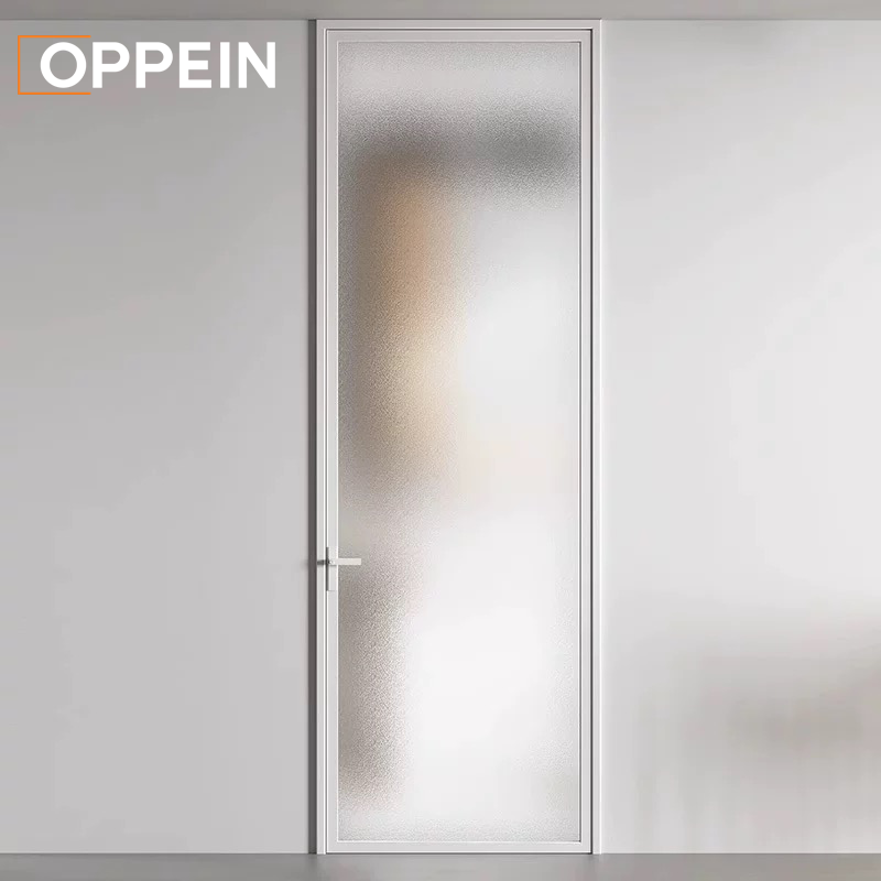 OPPEIN Modern Frosted Glass Interior Door Slim Aluminum Frame Privacy Door for Hotel Apartment Commercial Project Contractor
