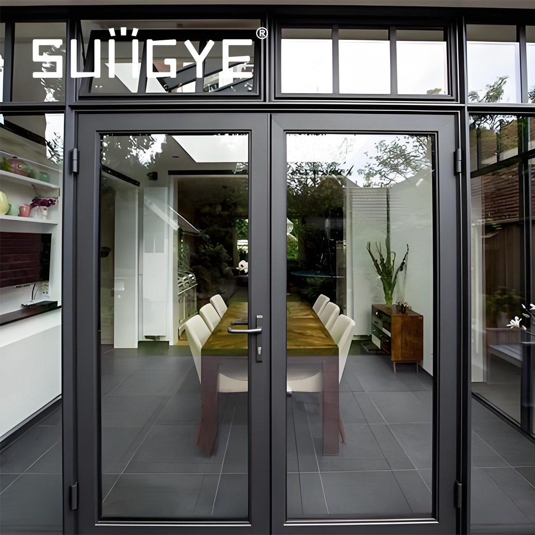 SUNGYE Modern Aluminum Double Swing French Door Safety Hurricane Impact Tempered Glass Front Entry Doors For House