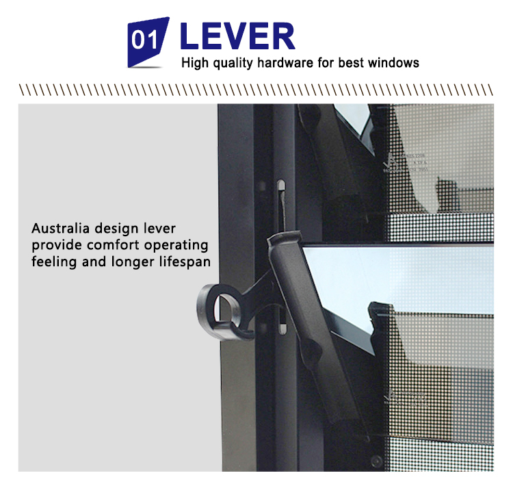 Aluminium Jalousie Windows With Single Tempered Glass With Flyscreen