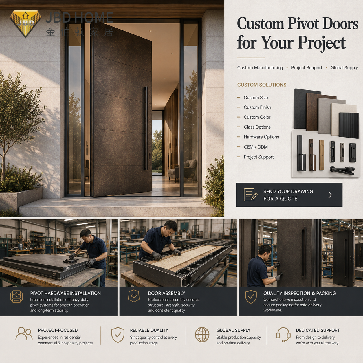 Modern Aluminum Pivot Door With Heavy Duty Hinge - High Security Front Entry Pivot Doors For Luxury Villa Entrance
