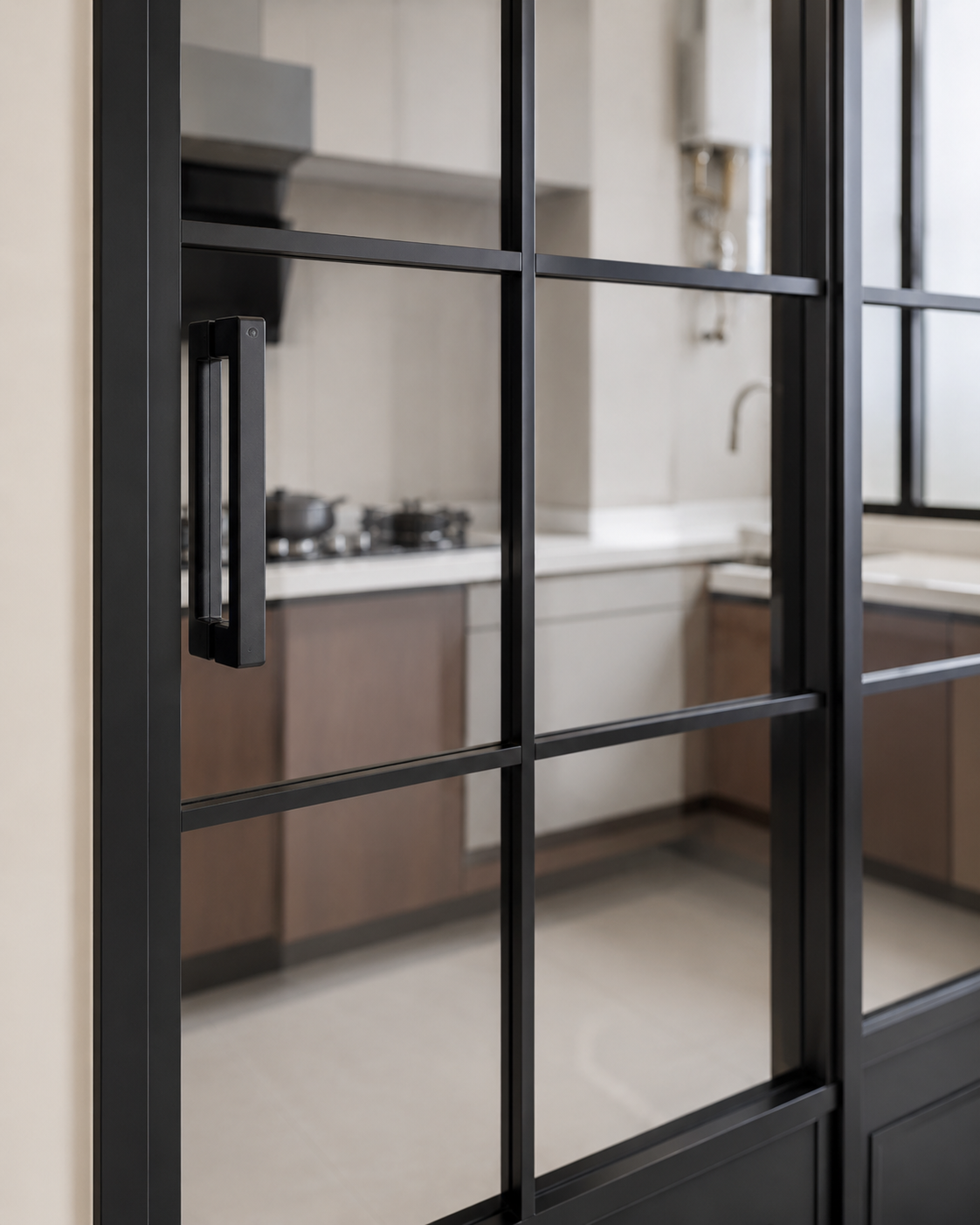 Factory Custom Black Aluminum French Grid Sliding Door Kitchen Dining Glass Partition Door