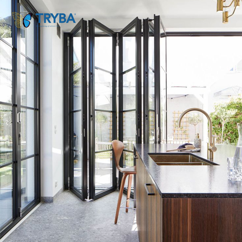 Modern Design Outdoor Aluminum Folding Patio Doors Economic Accordion Style with Multi-Locking Vertical Bi-Fold Screen