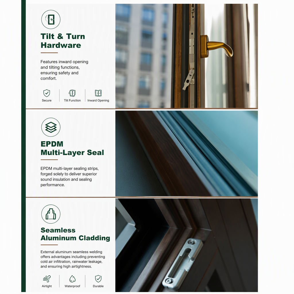 CHAMBROAD Aluminum Wood Composite Window Double Glazed Low-E Glass German Fittings Anti Hurricane CE Certified for Villa