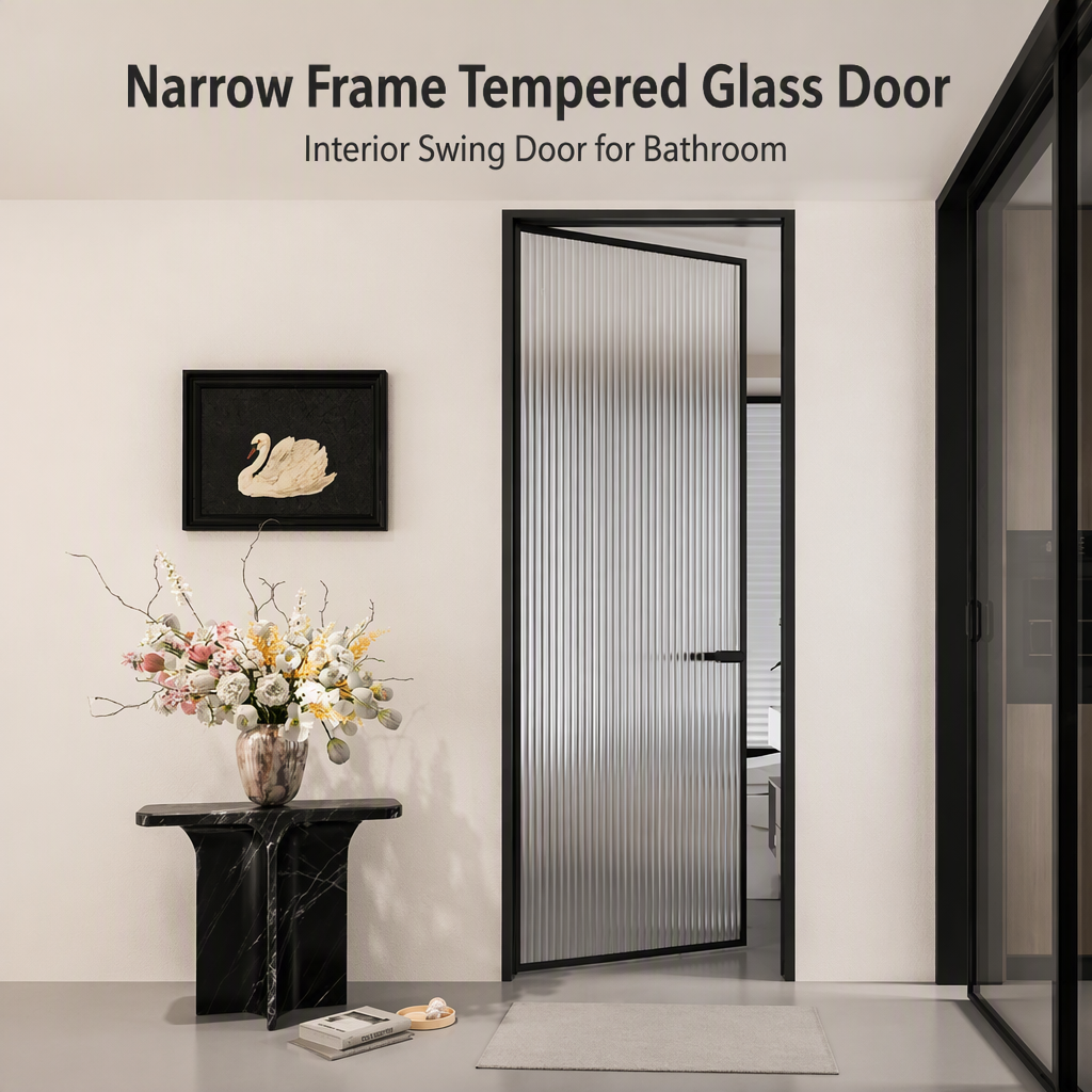 Thermal Break Aluminum Bathroom Door Ribbed Tempered Glass Interior Swing Door Waterproof Custom Size for Hotel Apartment