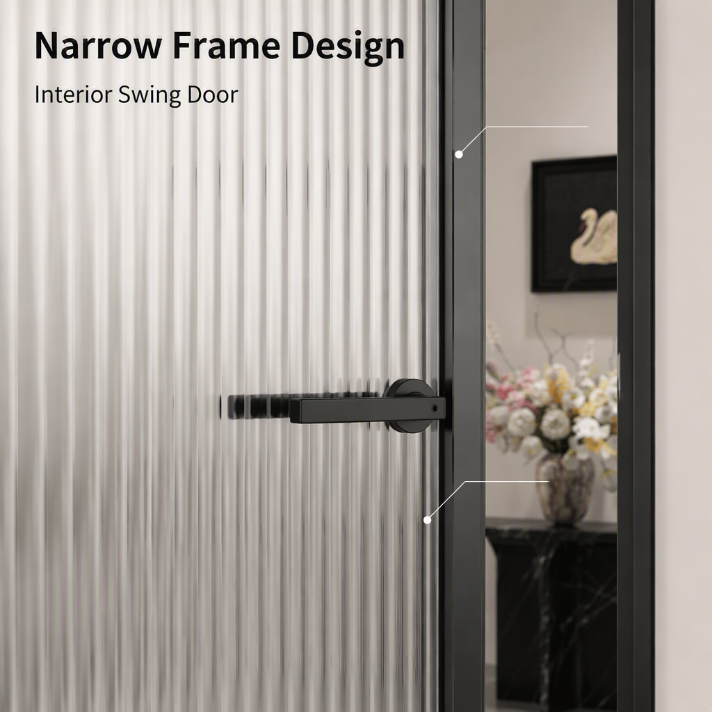 Thermal Break Aluminum Bathroom Door Ribbed Tempered Glass Interior Swing Door Waterproof Custom Size for Hotel Apartment