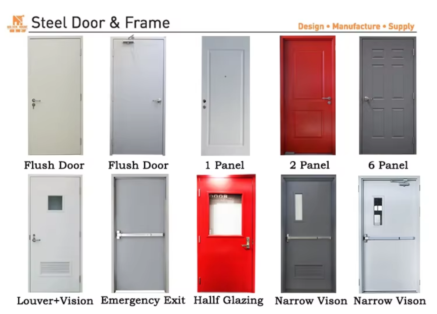 Wh Intertek 90 Mins Fireproof Steel and Glass Door 6 Panel Embossed Hollow Metal Fire Rated Commercial Hospital Modern Finished