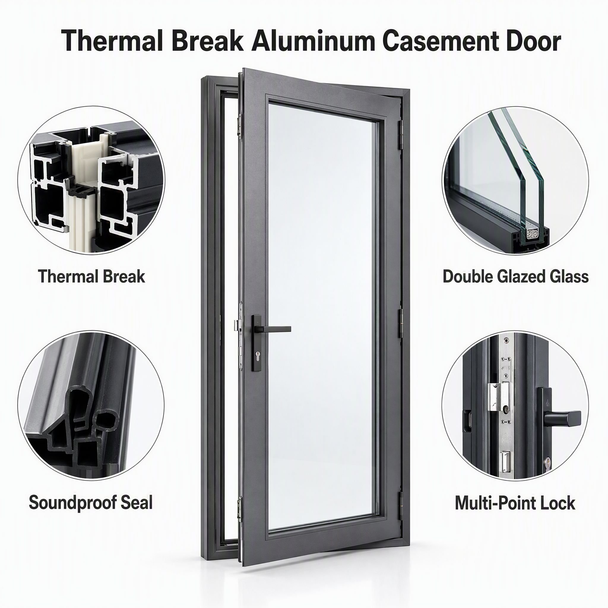Thermal Break Aluminum Casement Door Exterior Double Glazed French Swing Entry Door with Tempered Glass for Apartment Bedroom