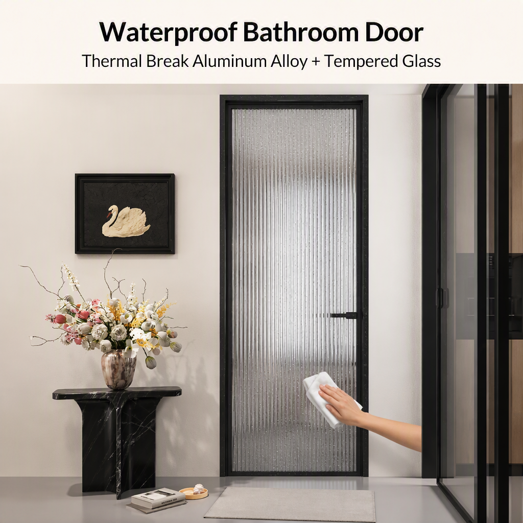 Thermal Break Aluminum Bathroom Door Ribbed Tempered Glass Interior Swing Door Waterproof Custom Size for Hotel Apartment