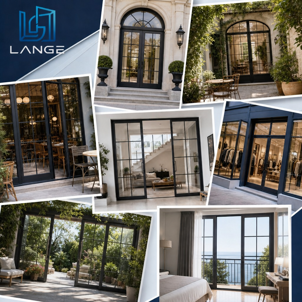 LANGE Luxury Modern Grid Glass Door Aluminum Alloy Arched Window with Grid Waterproof Thermal Break Glass Door for Villa