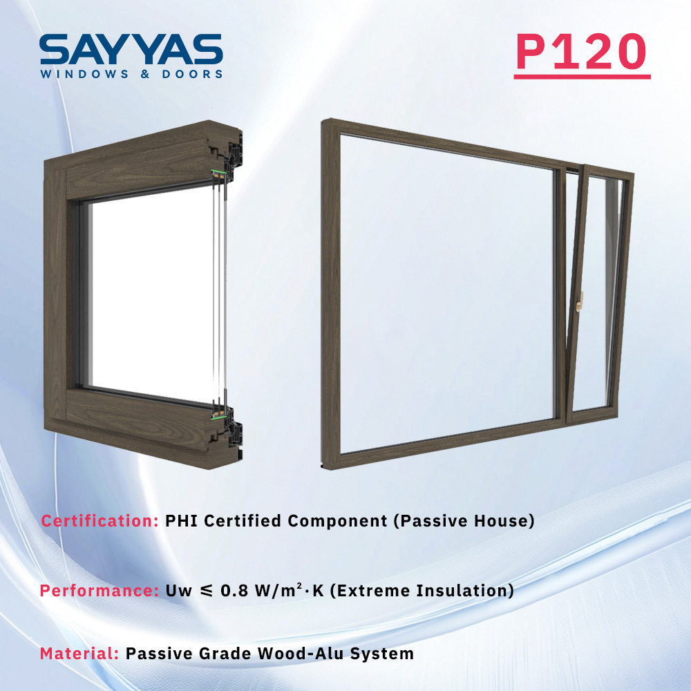Sayyas Windows P120 Modern Fixed Picture View Passive House Standard Aluminum Clad Wood Window Manufacturer China