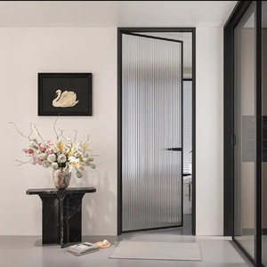 Thermal Break Aluminum Bathroom Door Ribbed Tempered Glass Interior Swing Door Waterproof Custom Size for Hotel Apartment