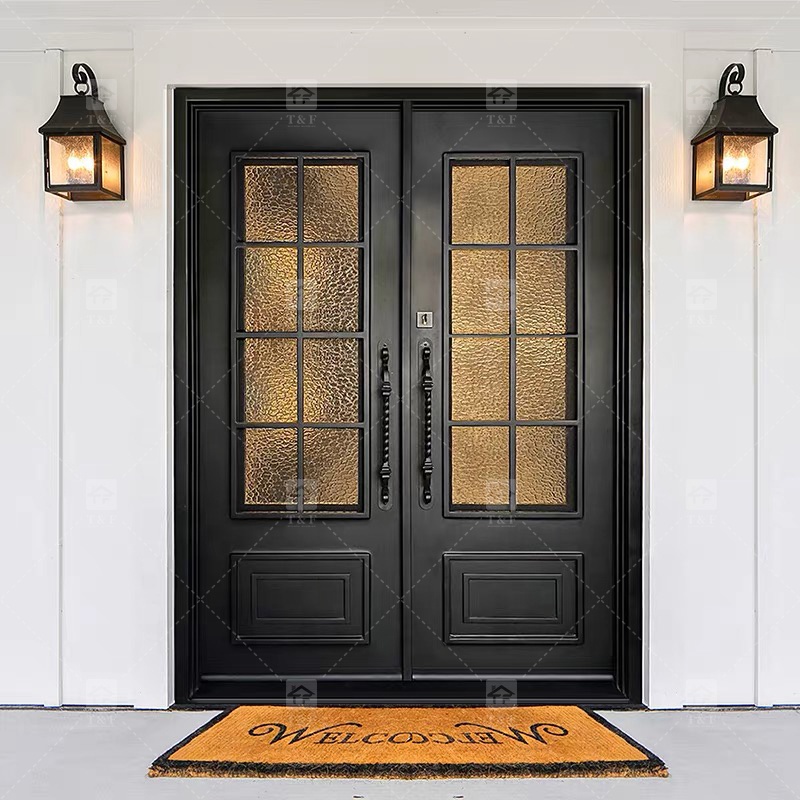 Modern Anti-Theft Double Layer Tempered Glass Front Main Entry Doors French Style Aluminum Alloy &amp; Wood Black for Villas