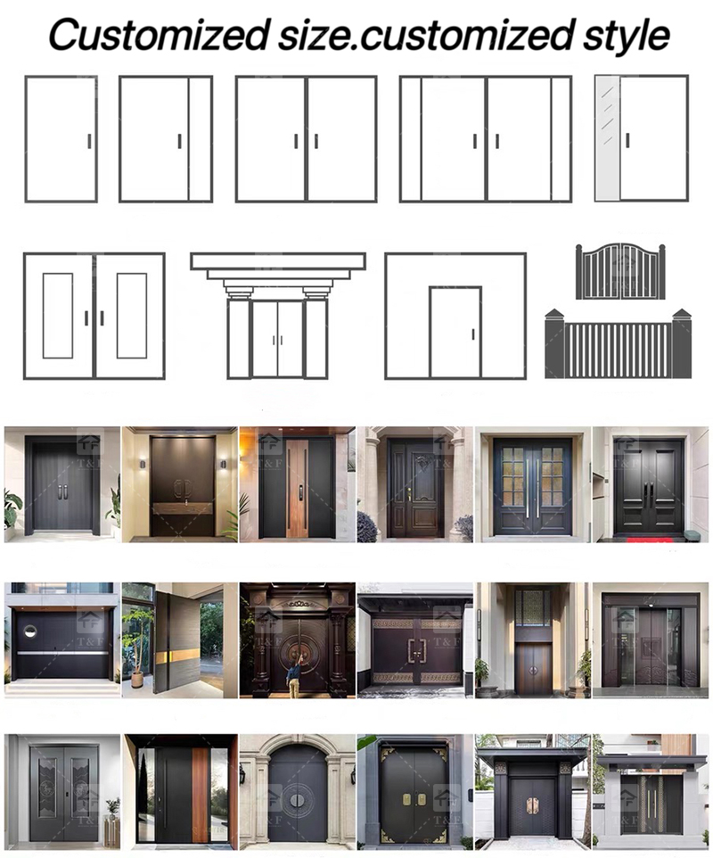 Modern Anti-Theft Double Layer Tempered Glass Front Main Entry Doors French Style Aluminum Alloy &amp; Wood Black for Villas