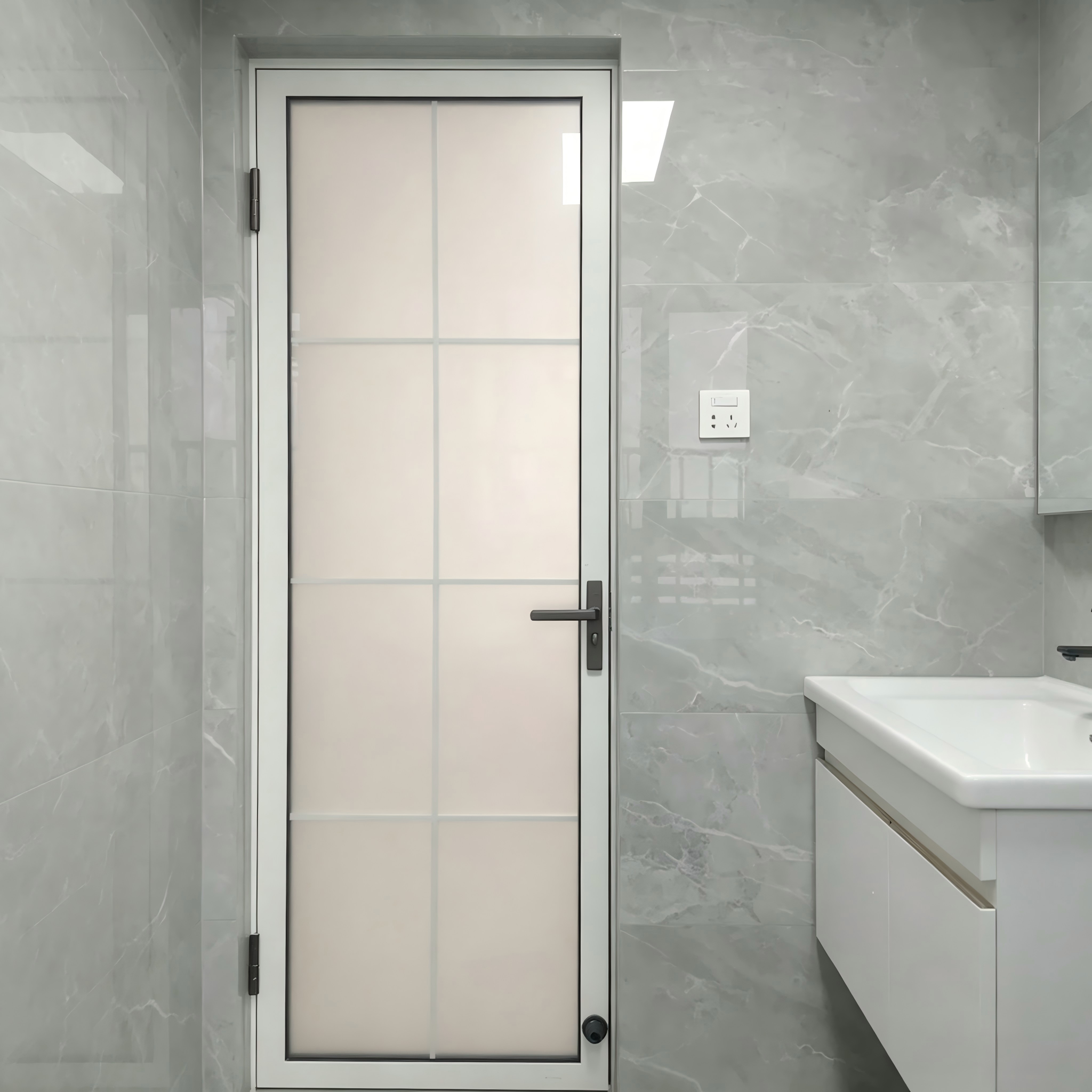 Aluminum Bathroom Door Frosted Tempered Glass Waterproof Moisture Proof Swing Interior Slim Frame Hotel Villa OEM Custom