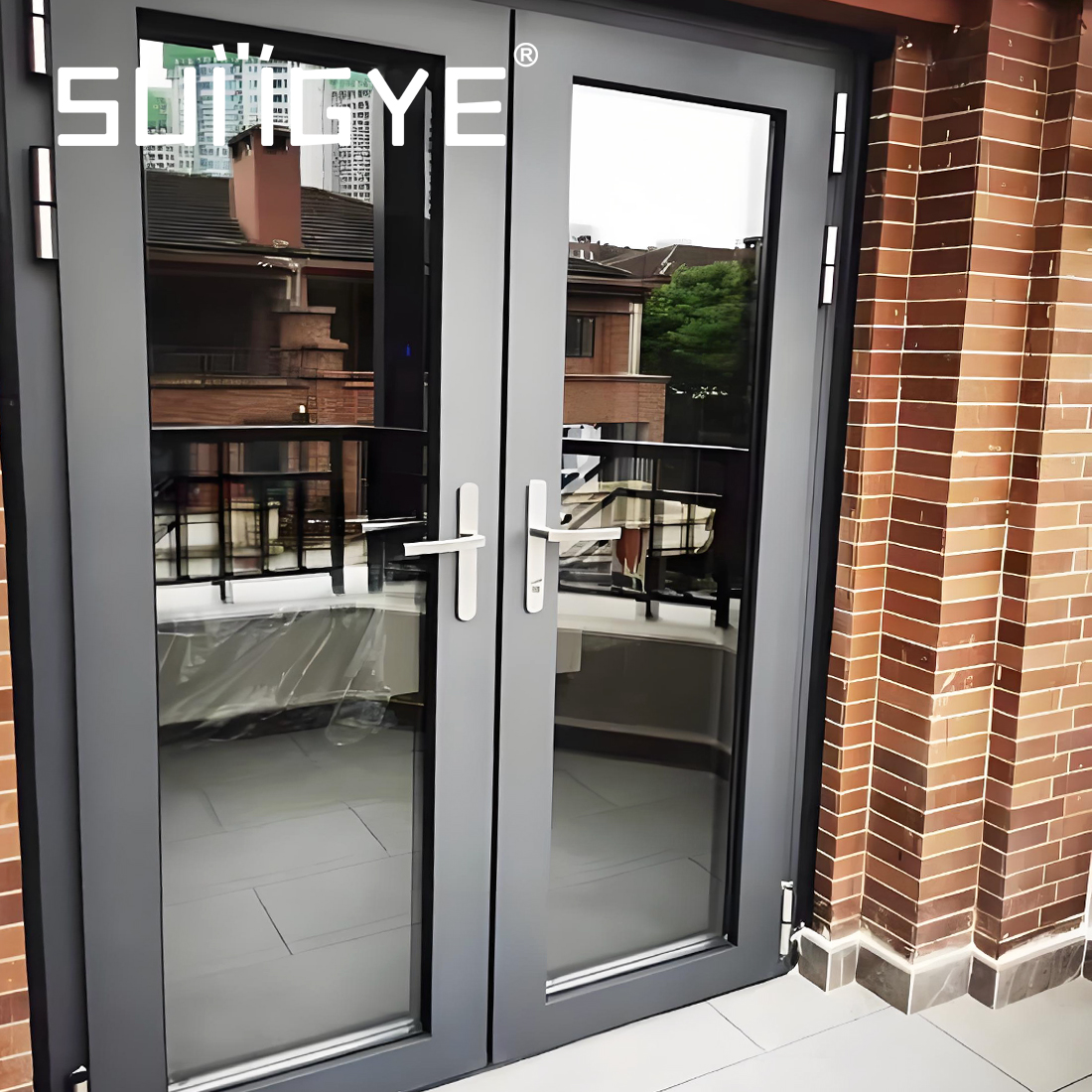 SUNGYE Modern Aluminum Double Swing French Door Safety Hurricane Impact Tempered Glass Front Entry Doors For House