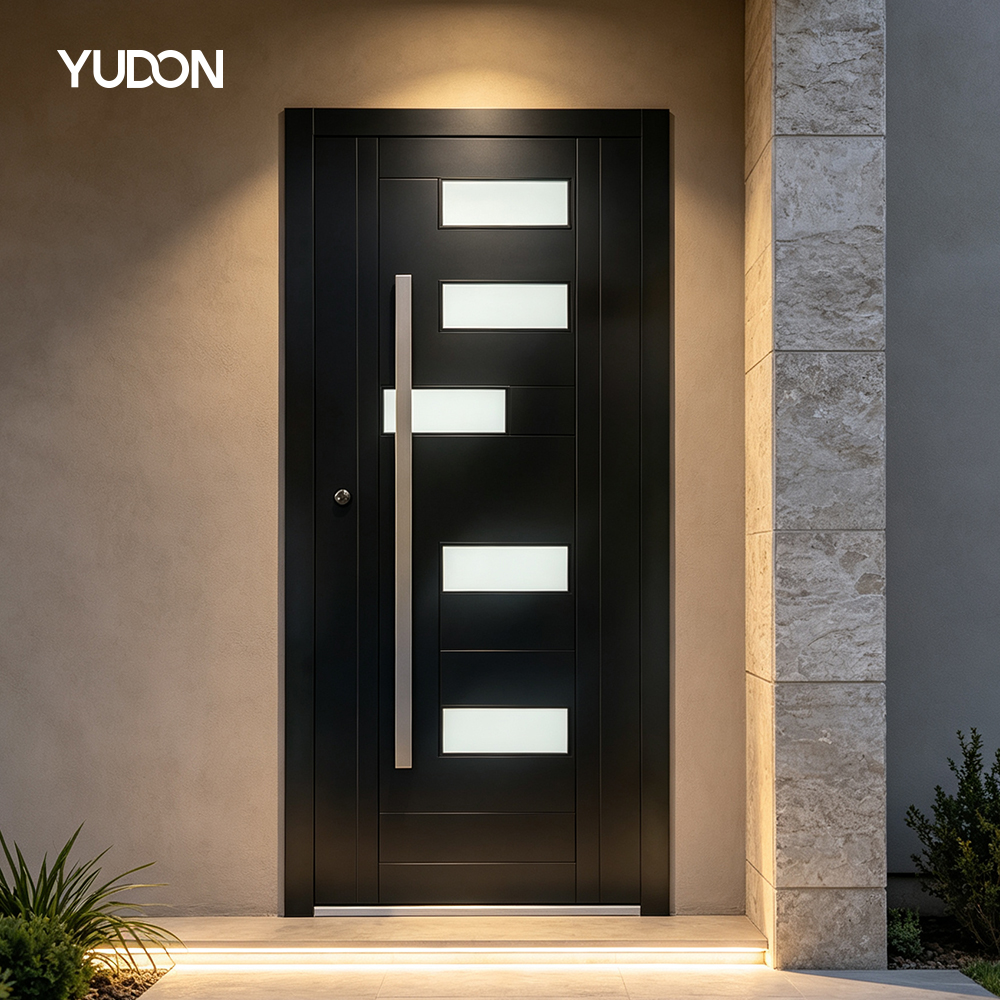 YUDON DOOR Cast Aluminum Pivot Door with Glass Frame Minimalist Style Matte Black Finish Waterproof for High End Villas