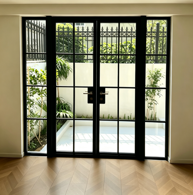 Black Crittall Style Aluminum Exterior Door System Four Panel Glass Grid With Solid Kickplate and Chrome Hardware