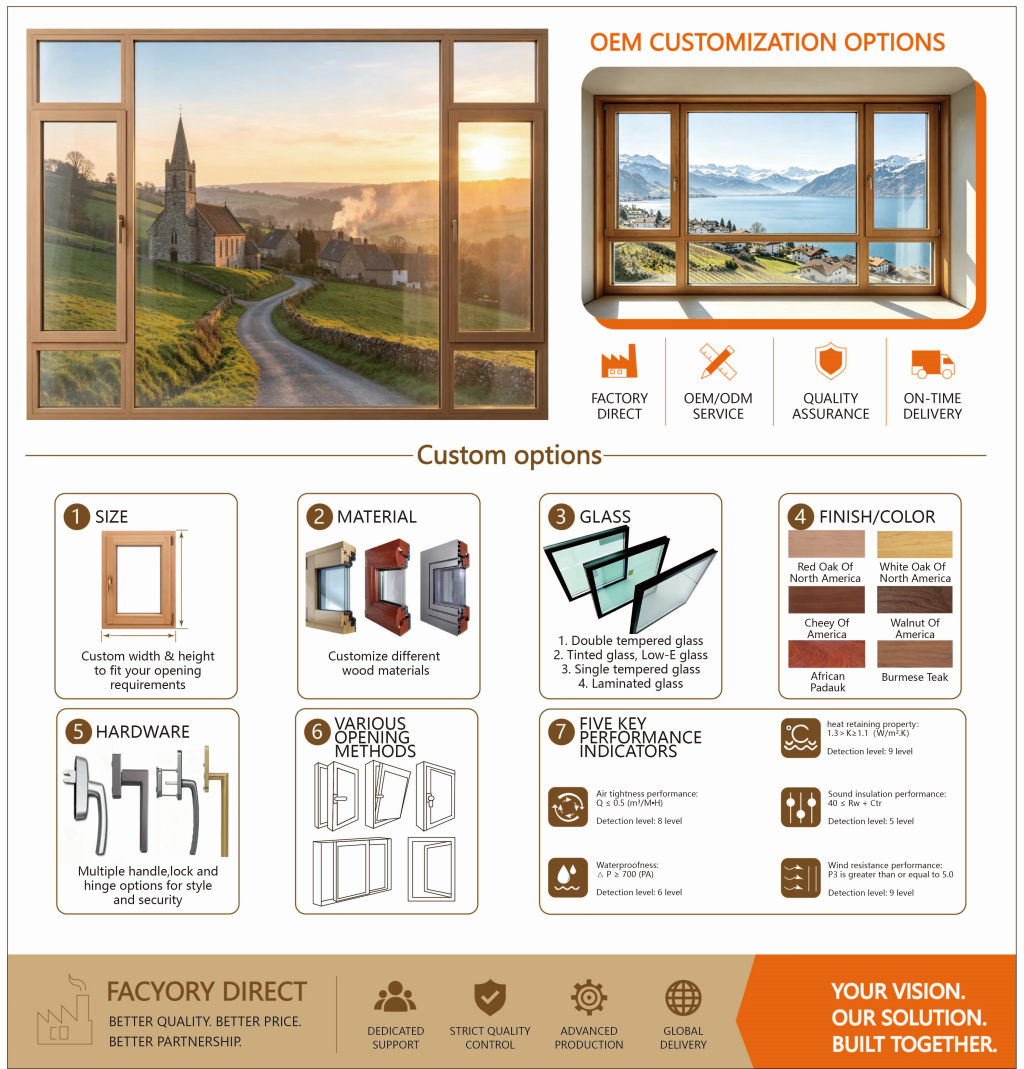 PDP High-Security Anti-Theft Aluminium Clad Wood Glass Casement Doors for Courtyard and Balcony