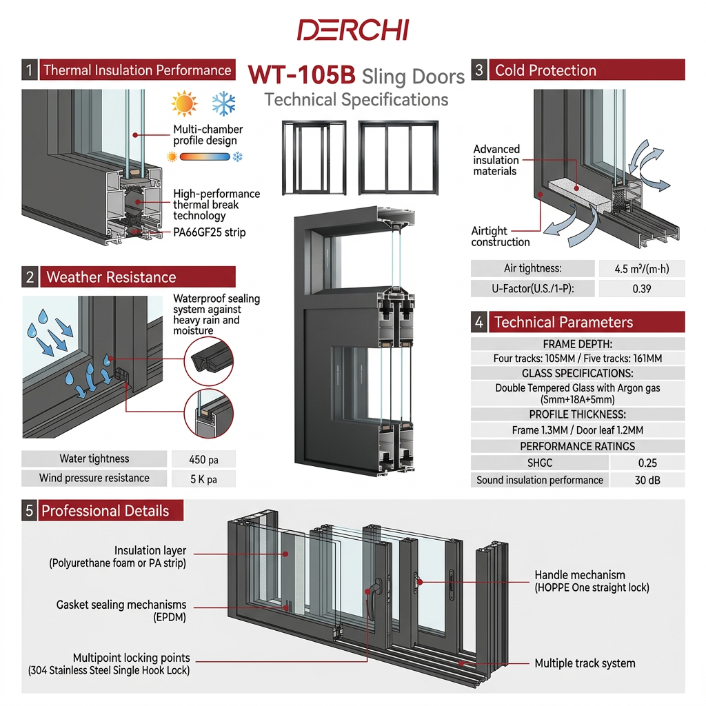 DERCHI Multi Panel Aluminum Sliding Door Security Hurricane Proof Sliding Patio Door Modern Home Doors