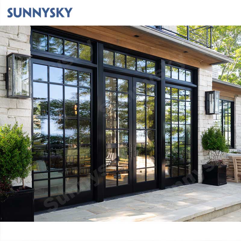 Sunnysky Custom USA Villa Building House Entrance French Swing Door Aluminum Casement Door With Mosquito