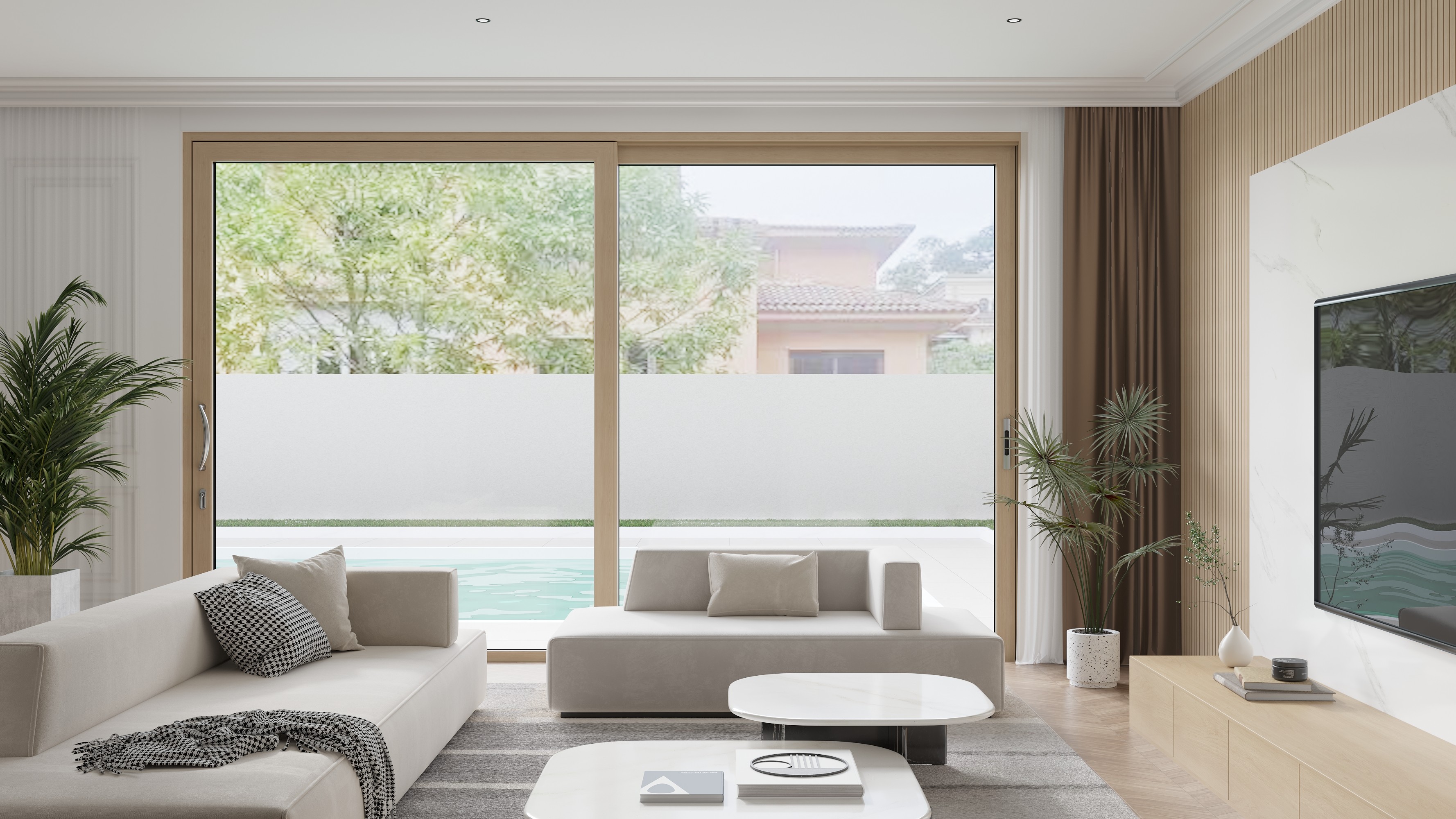 LEAWOD MLT155 Modern Luxury Aluminum Wood Composite Sliding Door Double Tempered Glass Thermal Insulation Customizable Size