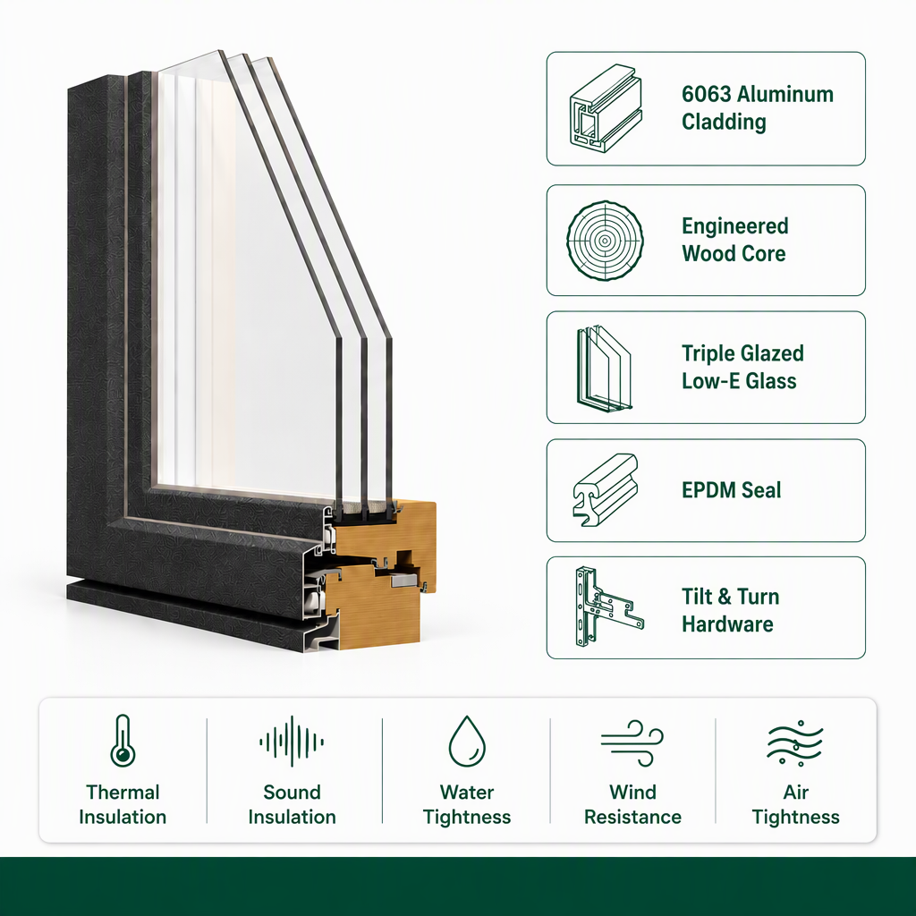 CHAMBROAD Aluminum Wood Composite Window Double Glazed Low-E Glass German Fittings Anti Hurricane CE Certified for Villa