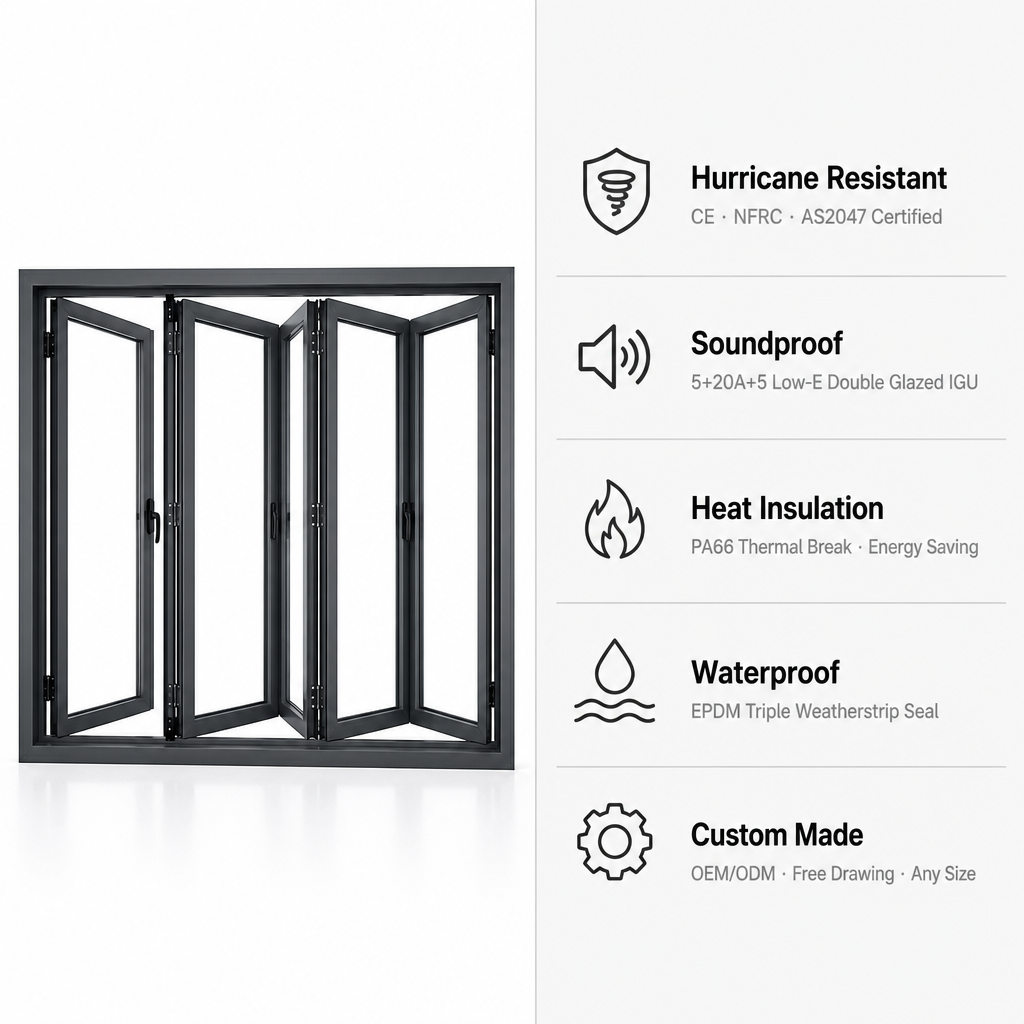 Balcony Residential Bi-Fold Window Aluminum Thermal Break 5+20A+5 Low-E Soundproof Hurricane Resistant CE NFRC For Home