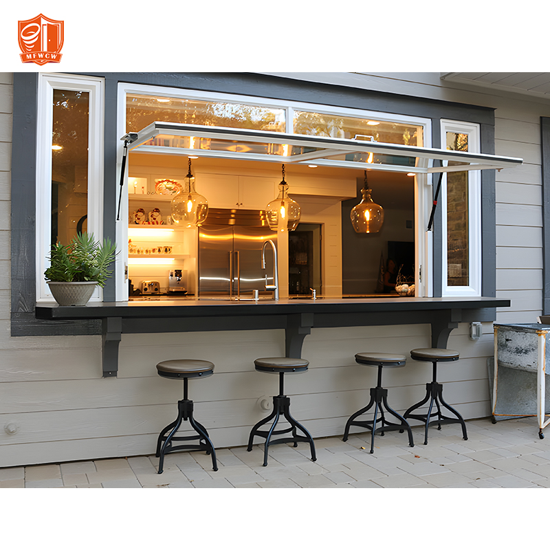 Modern Design Aluminum Frame Swing Louver Magnetic Screen Kitchen Pass Through Window Gas Strut Servery Window