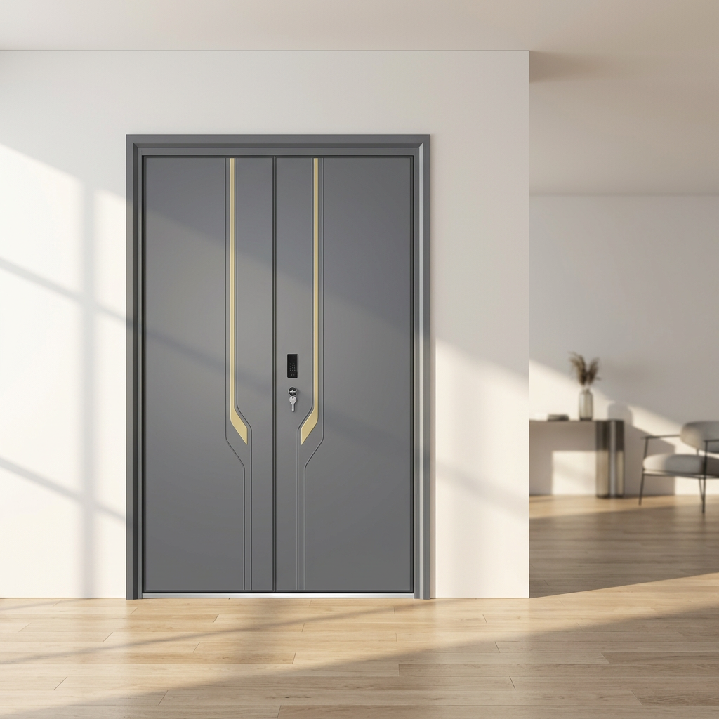 Cast Aluminum Contemporary Swing Fire Prevention Entry Door For Exterior Bedroom Villa Security Unequal Double-Leaf Door