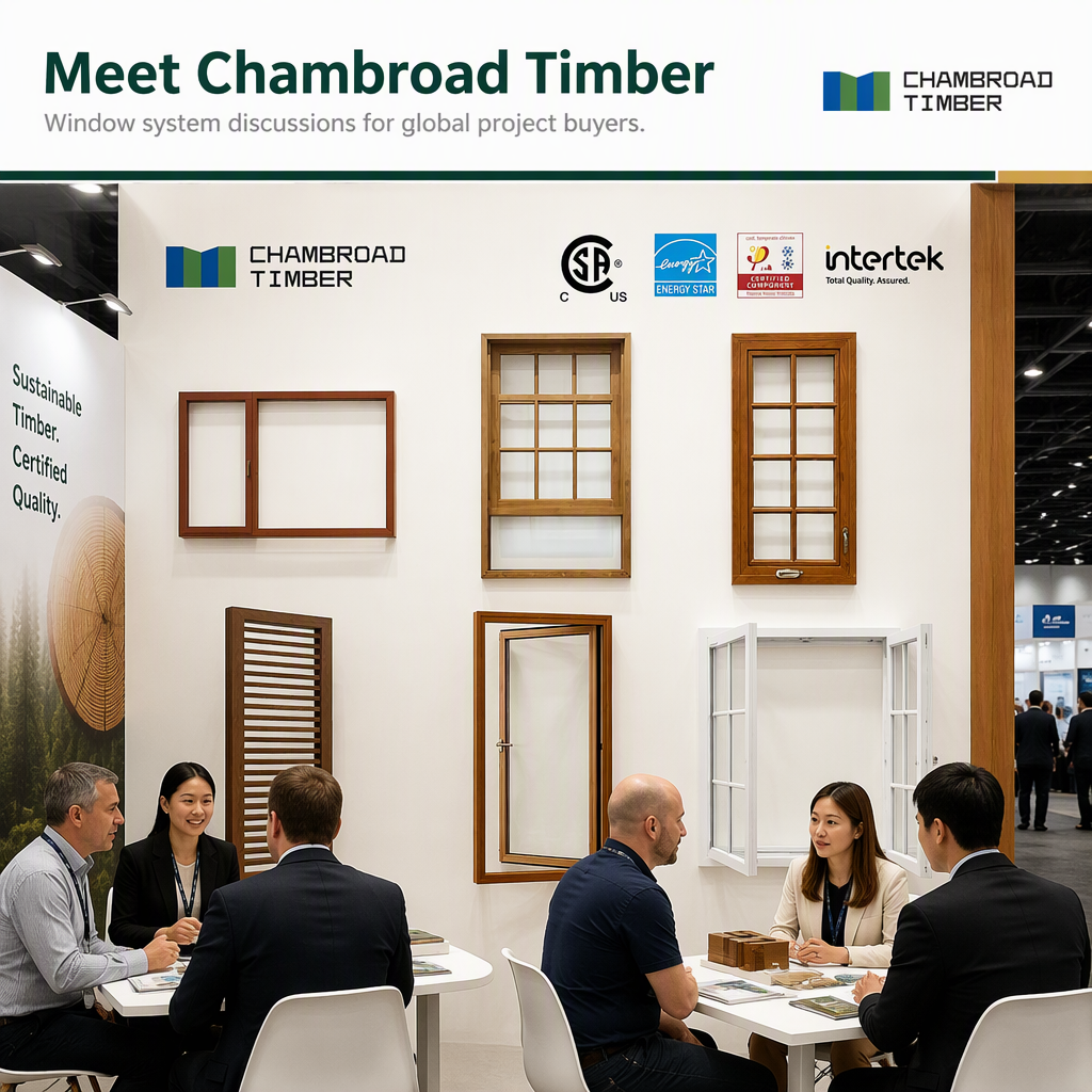 CHAMBROAD Aluminum Wood Composite Window Double Glazed Low-E Glass German Fittings Anti Hurricane CE Certified for Villa