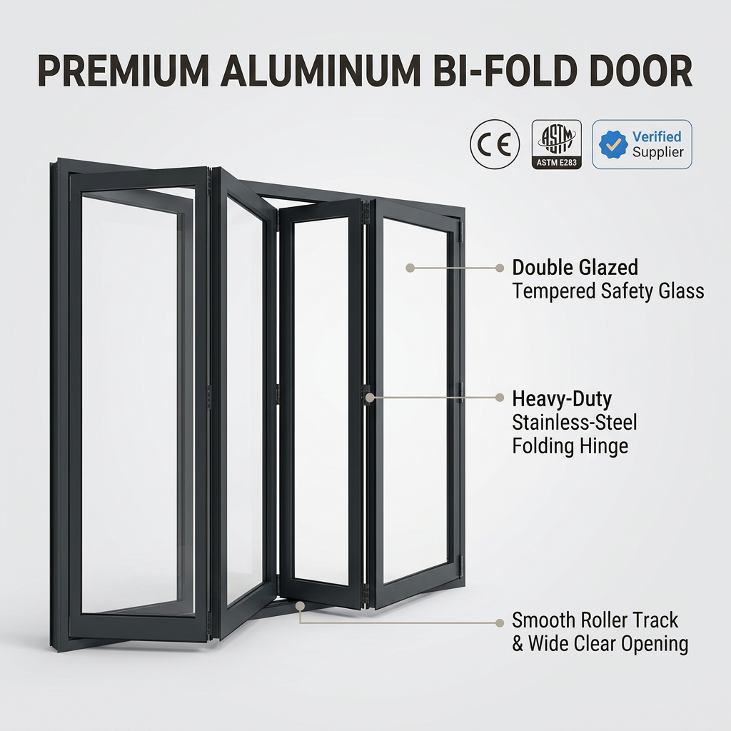 Modern Soundproof Office Partition Aluminum Folding Door Double Glazed Bi-fold Door Custom Size Safety Glass Black Frame