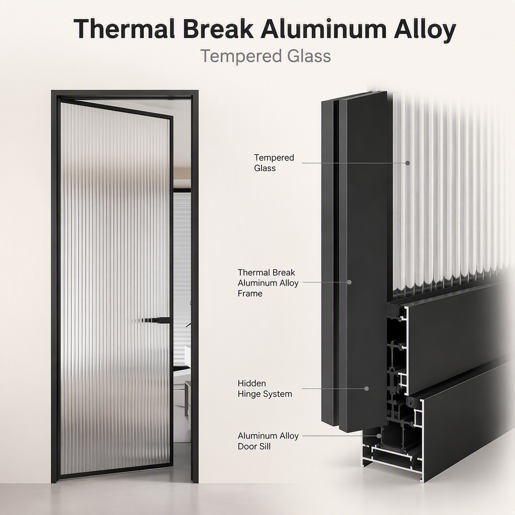 Thermal Break Aluminum Bathroom Door Ribbed Tempered Glass Interior Swing Door Waterproof Custom Size for Hotel Apartment