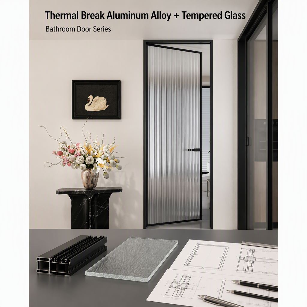 Thermal Break Aluminum Bathroom Door Ribbed Tempered Glass Interior Swing Door Waterproof Custom Size for Hotel Apartment