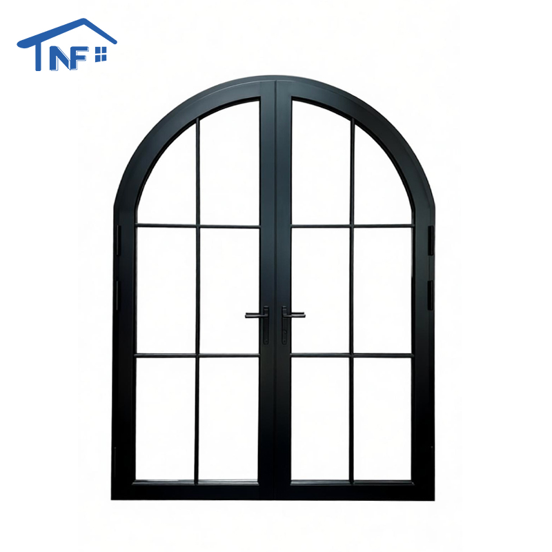 Arched Aluminum Frame Iron Design Entry Double Tempered Glass Exterior French Door Grill with Digital Lock