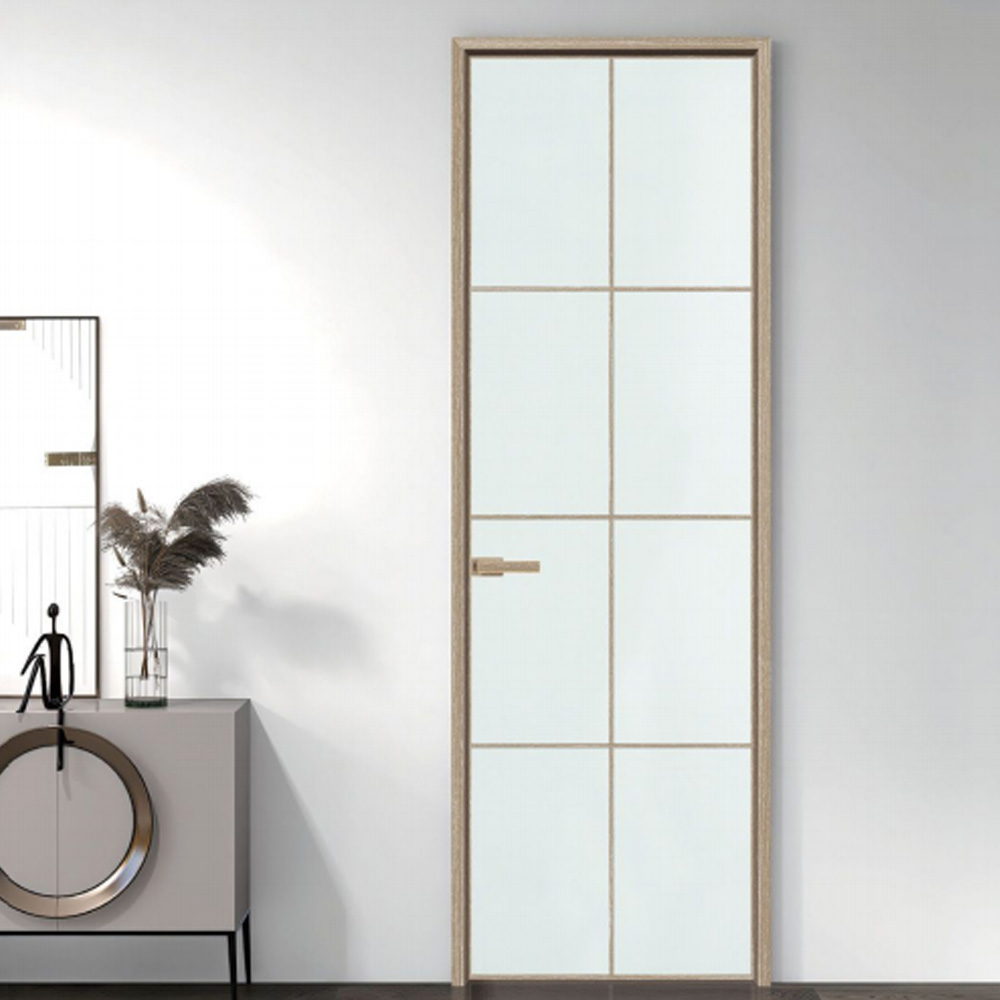 Ultra Narrow Frame Full Aluminum Glass Swing Door, All Aluminum Frame Fluted Frosted Glass Bathroom Door With Grid Design