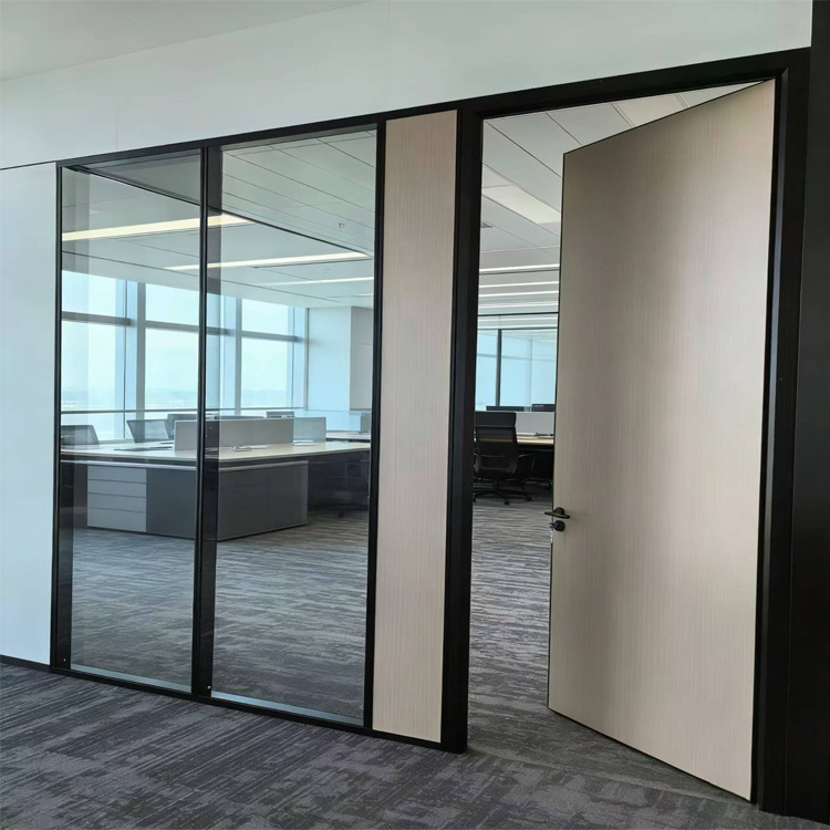 Flush Internal Wood Aluminum Door 83 Series Double Glazing with Integrated Equipment Belt Office Partitioning