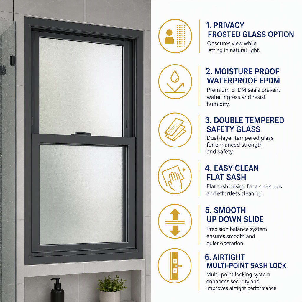 Factory Direct Frosted Double Hung Window Double Tempered Glass Privacy EPDM Sealed AS2047 CE NFRC Bathroom