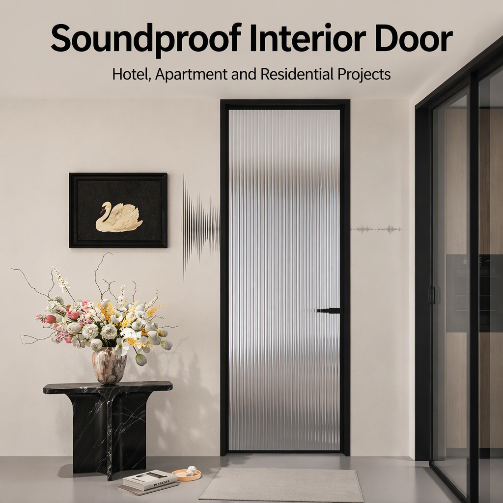 Thermal Break Aluminum Bathroom Door Ribbed Tempered Glass Interior Swing Door Waterproof Custom Size for Hotel Apartment