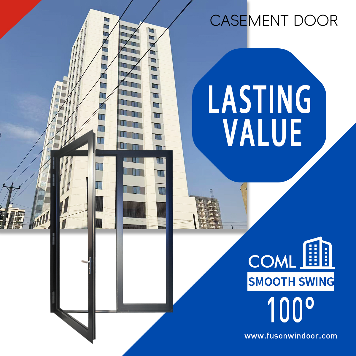 Fuson Unique Design Custom Commerical Outside Patio Outdoor Swing Aluminum Doors and Windows Double Glazed Casement French Doors