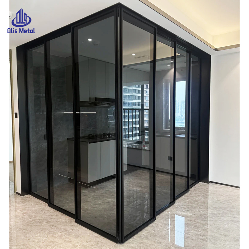 Modern Home Interior Open-Concept Kitchen L-shaped Sliding Door Custom Wholesale Black Aluminum Frame Tempered Glass Doors