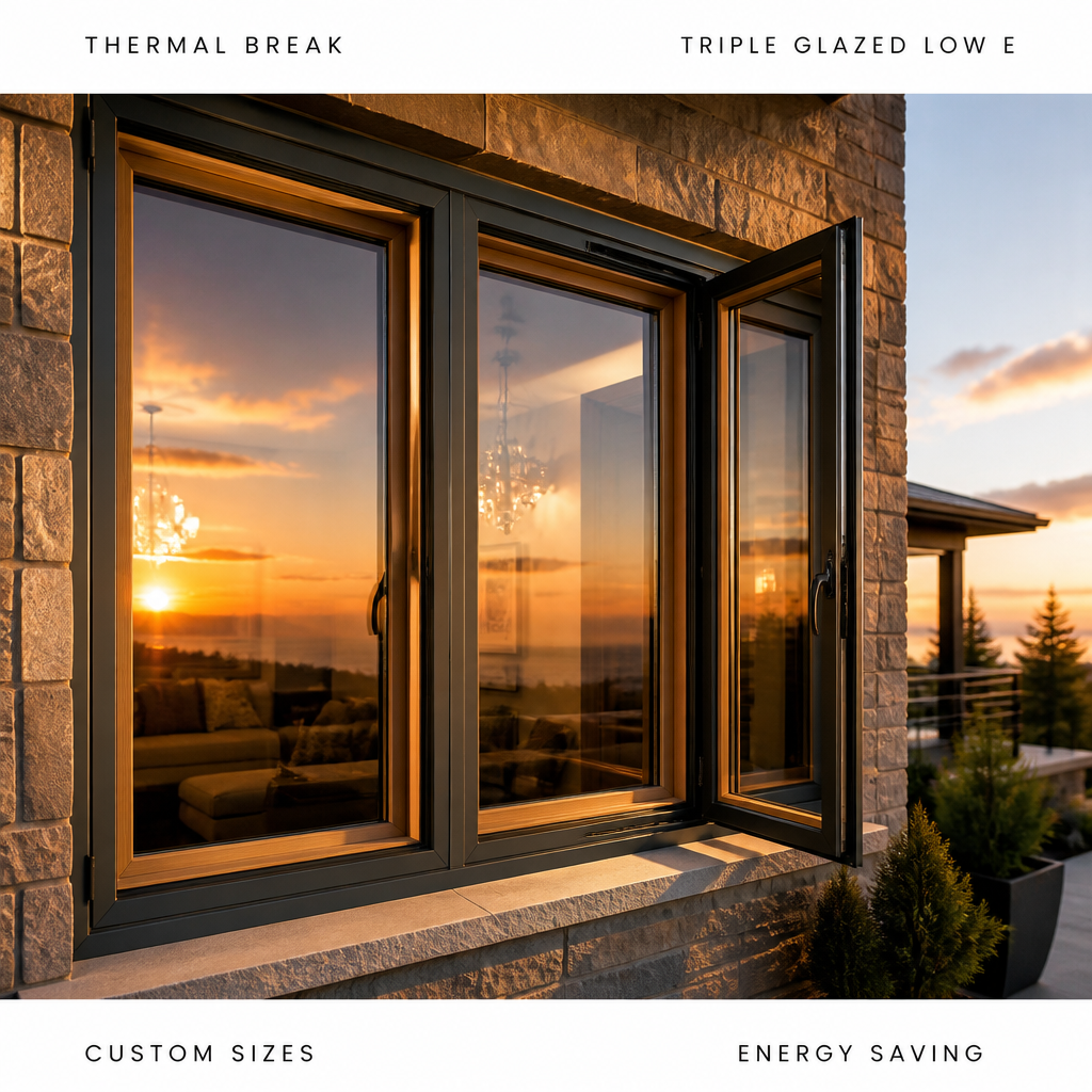 Modern Horizontal Aluminum Clad Wood Casement Window with Thermal Break Triple Glazed Low E Glass for Villa Project