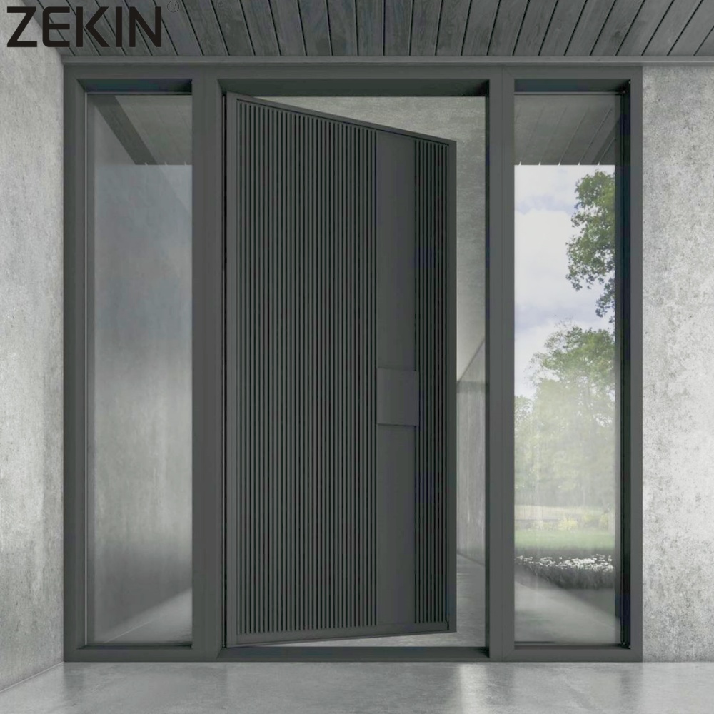 ZEKIN Outdoor Back Painted Glass Anti-theft Exterior Security Aluminum Cast Pivot Door Sound Insulation Front Entry Main Doors