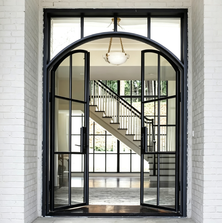 Black Crittall Style Aluminum Exterior Door System Four Panel Glass Grid With Solid Kickplate and Chrome Hardware