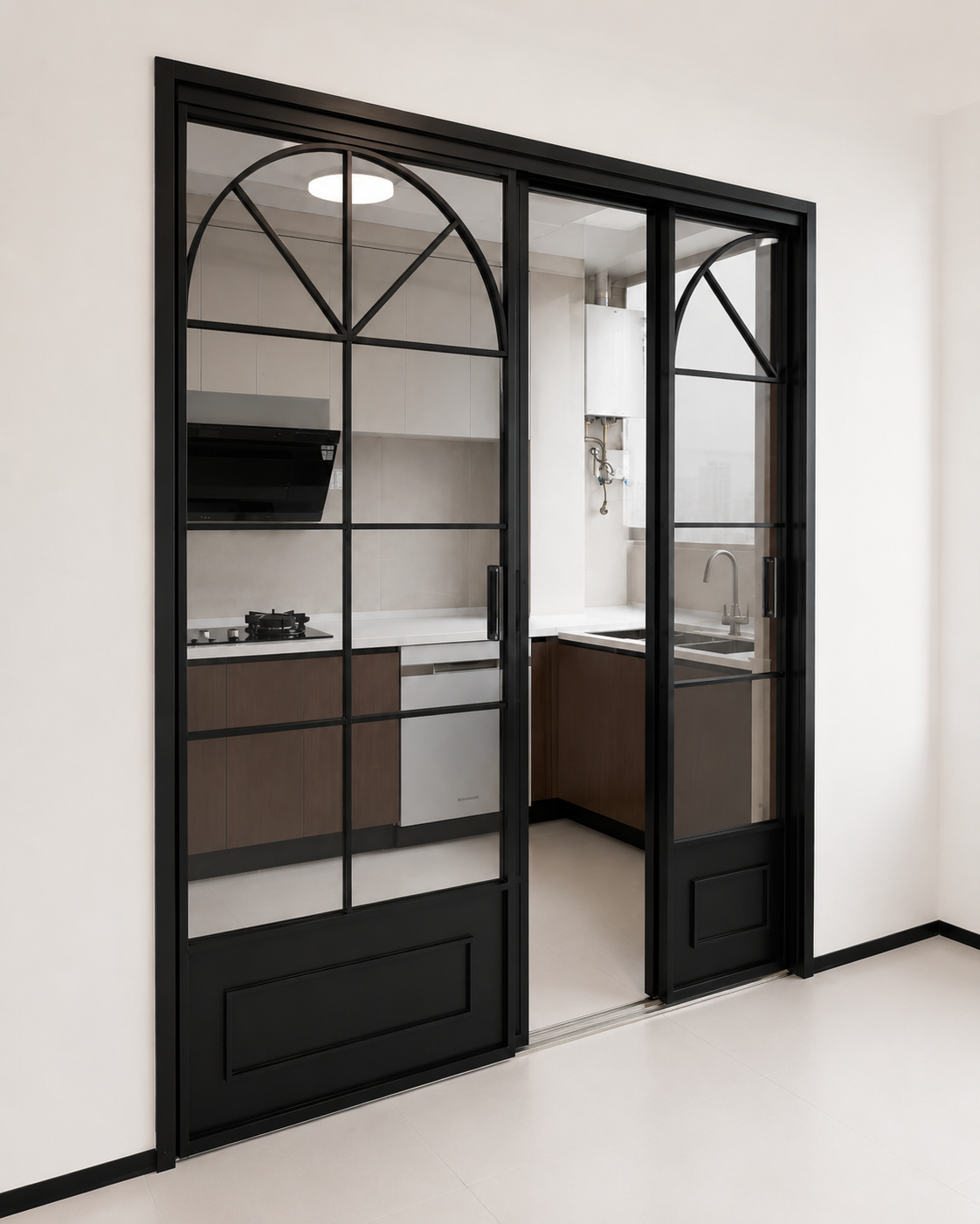 Factory Custom Black Aluminum French Grid Sliding Door Kitchen Dining Glass Partition Door