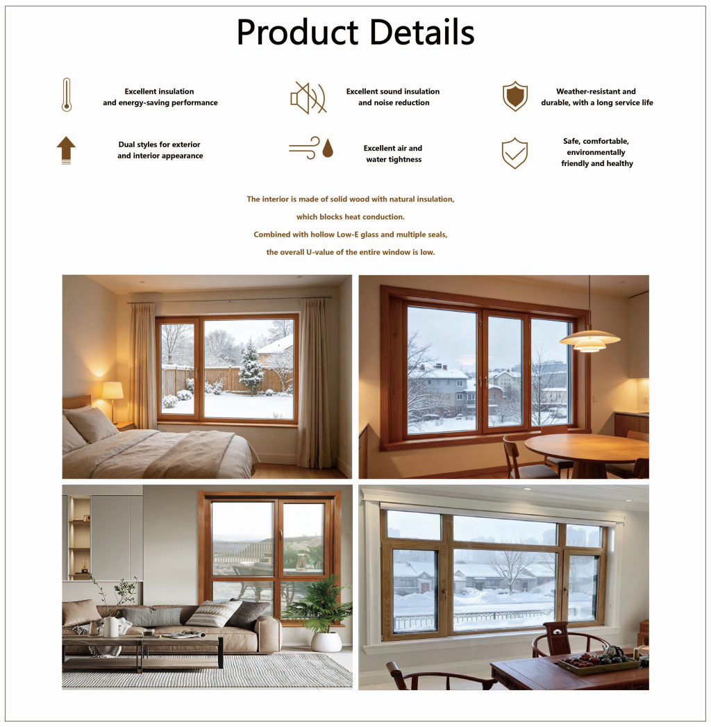 Premium Solid Wood Aluminum Clad Windows Multi-Chamber Frame Triple Glazed Sound Insulation Wooden Windows