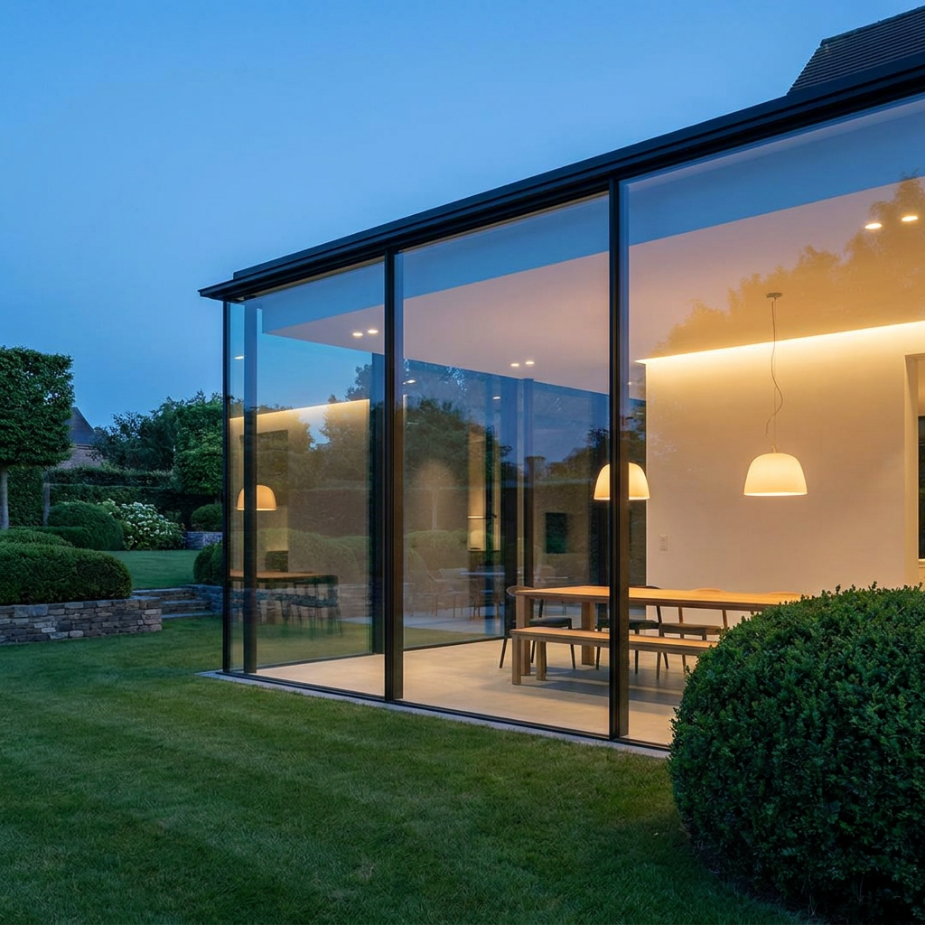 Modern Aluminum Alloy Ultra Clear Double Tempered Glass Waterproof Sunroom With Flush Floor Track Doors For Garden Villa