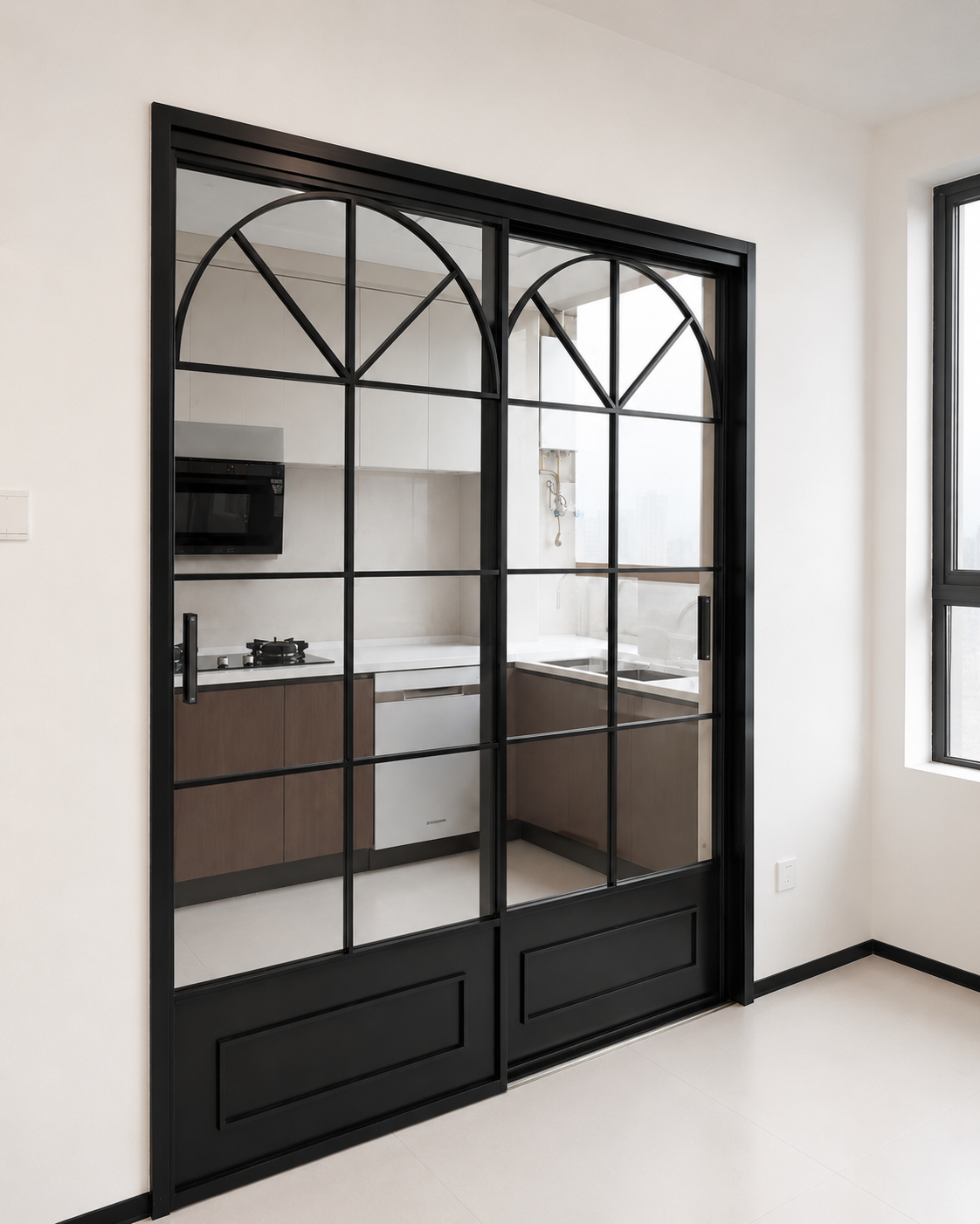 Factory Custom Black Aluminum French Grid Sliding Door Kitchen Dining Glass Partition Door