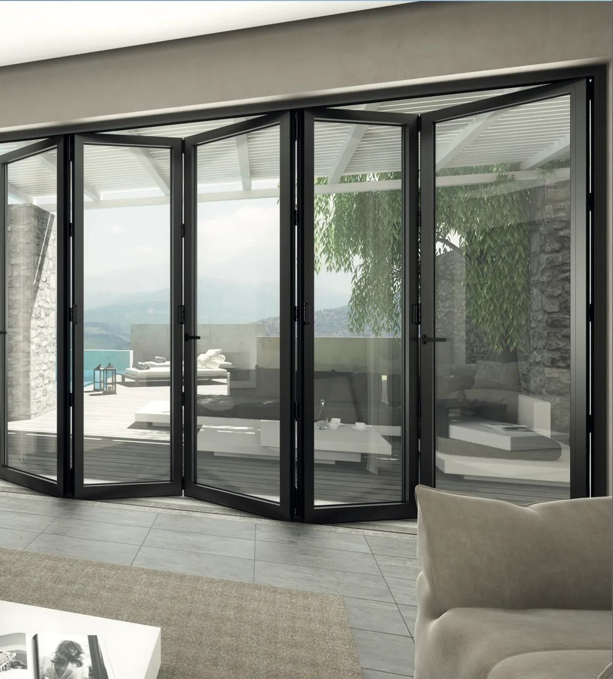 Thermal Break Triple Glass Aluminium Folding Glass Door Insect Screens Accordion Exterior Patio Bifold Doors