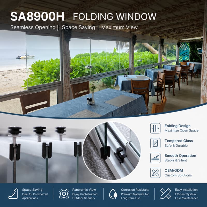 Full View Exterior Folding Bi-Fold Sliding Glass Balcony Window System with Aluminum Frame Folding Door
